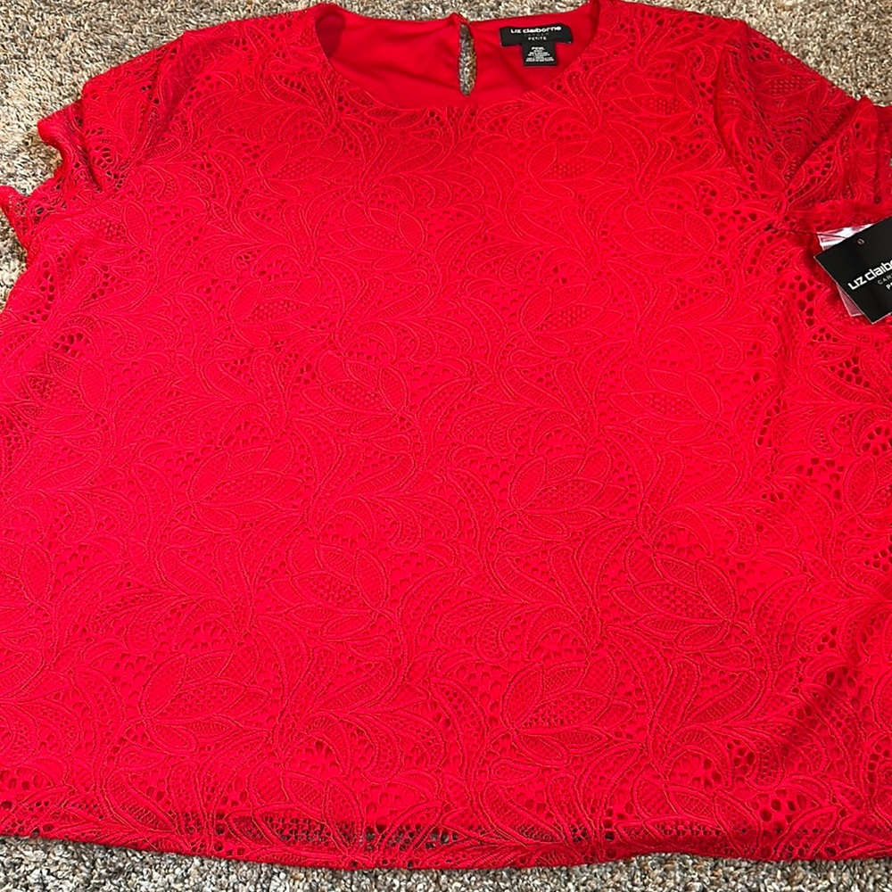 New Liz Claiborne Career Petite Red Lace Short Sleeve Top PXXL